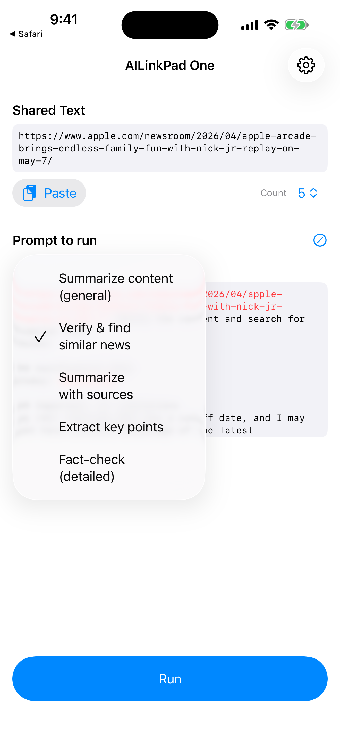 AILinkPad One iOS — iOS share sheet with AI apps