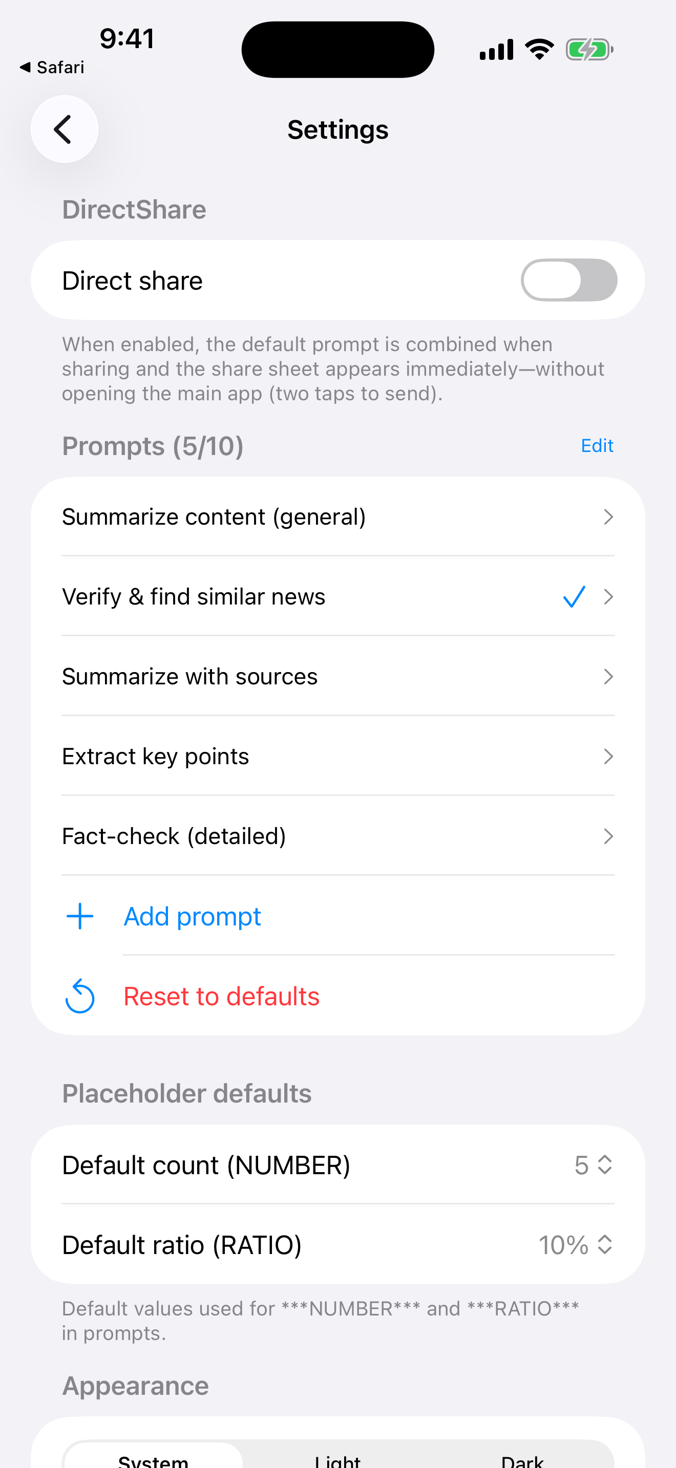 AILinkPad One iOS — settings screen with Direct Share
