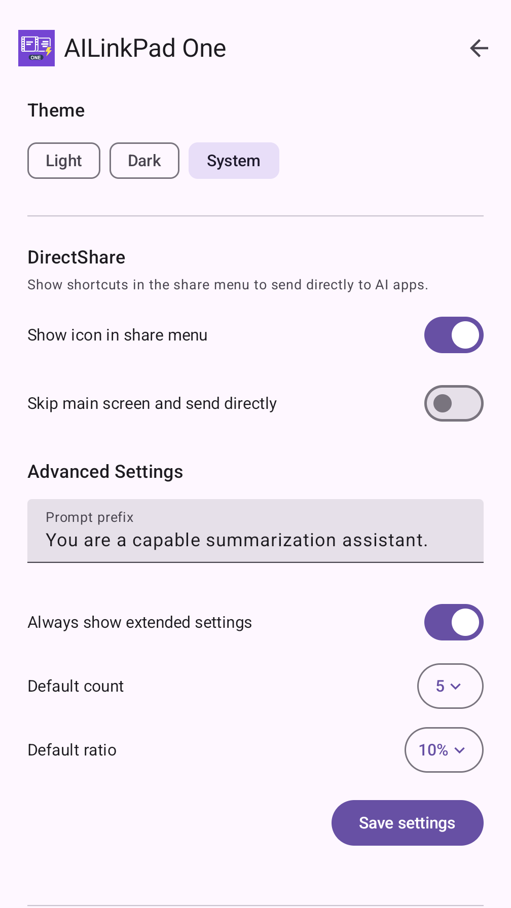 AILinkPad One — settings screen with Direct Share
